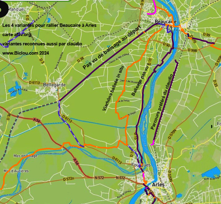 Beaucaire, ViaRhôna, les 4 variantes pour Arles.