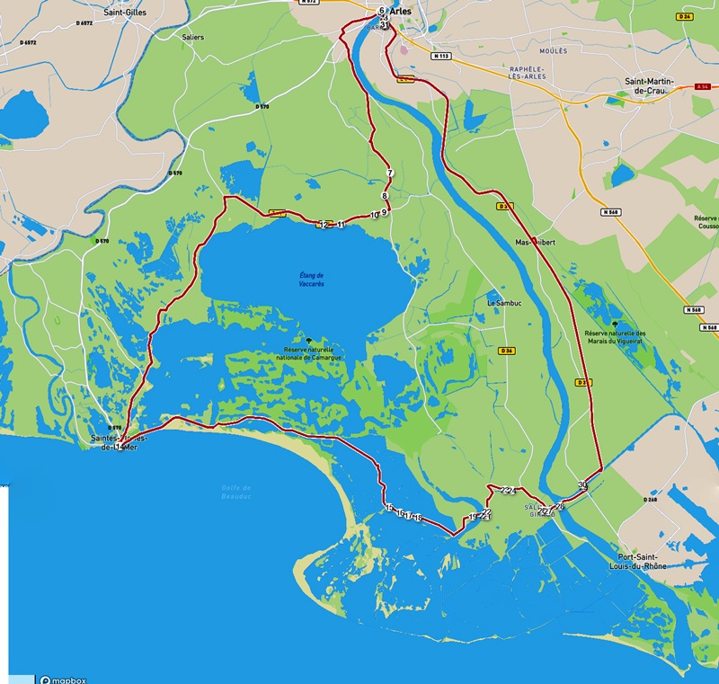Carte tour du Vaccarès à Bicyclette en mars 2025